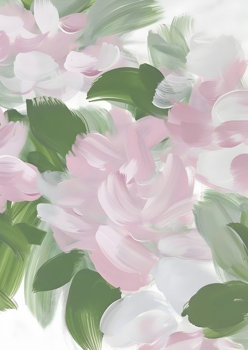 Abstract Floral Painting with Pink and Green Hues