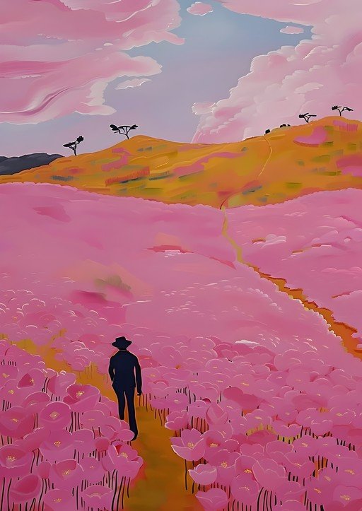 Man Walks Through Pink Poppy Field Under Pink Sky