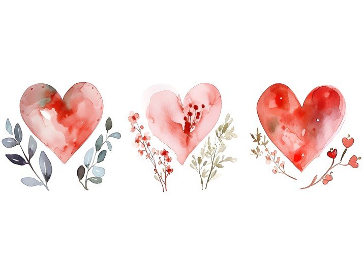 Watercolor Hearts with Floral Accents