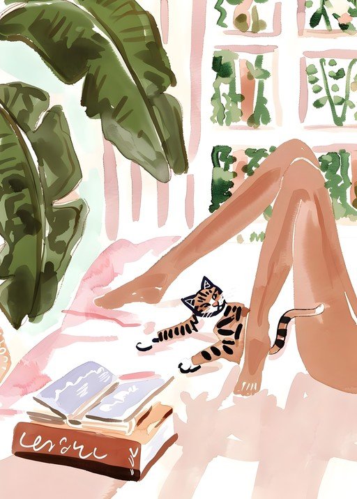 Woman and Cat Relaxing with Books and Plants