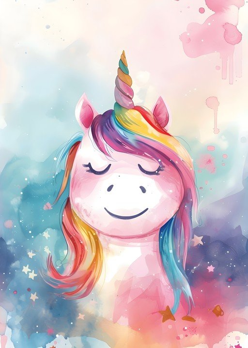 Whimsical Watercolor Unicorn with Rainbow Mane