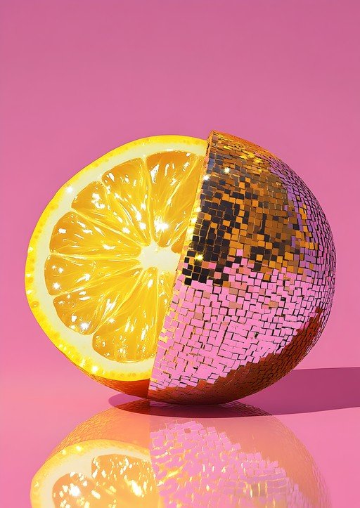 Disco Ball Orange Slice on Pink Background