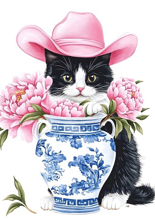 Tuxedo Cat in Pink Cowboy Hat with Peonies and Blue Vase