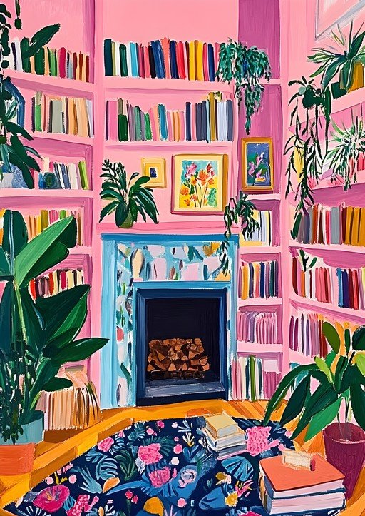 Vibrant Pink Library with Plants and Fireplace