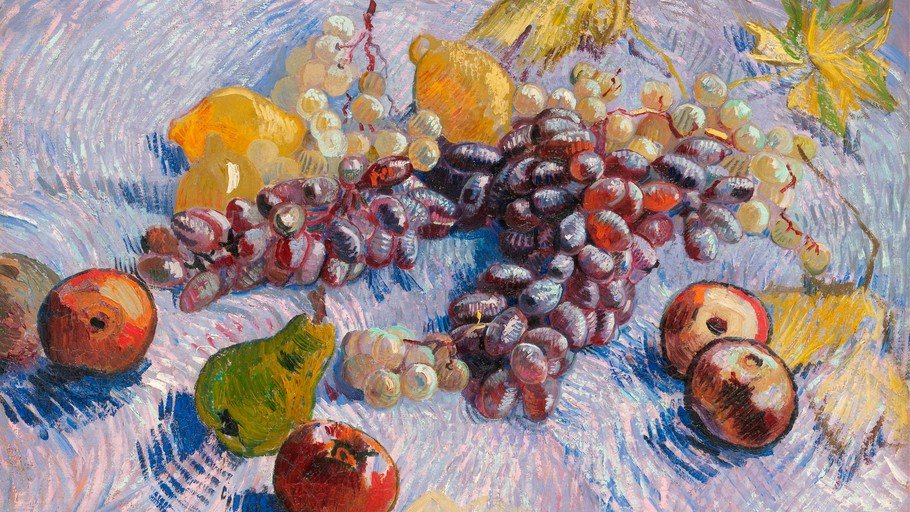 Vibrant Still Life of Grapes, Lemons, and Apples