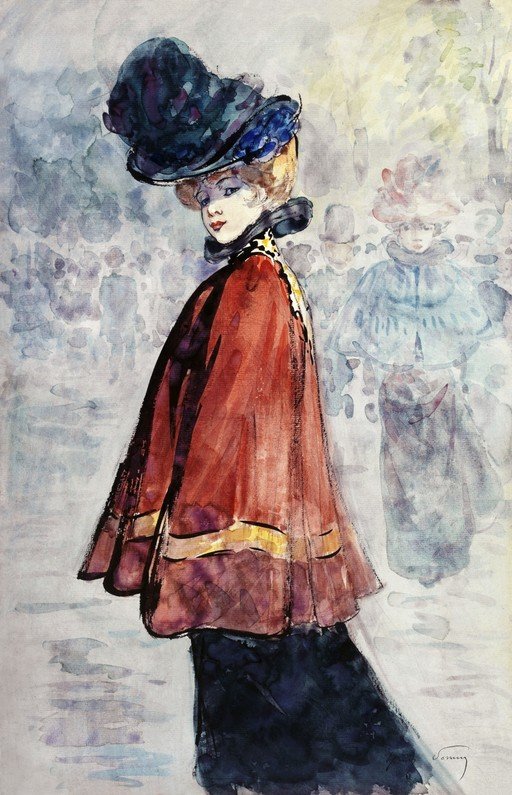 Elegant Woman in Red Cape and Hat, Belle Époque Style