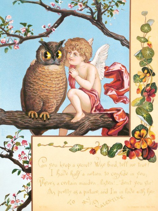 Cherub and Owl on Branch with Floral Border and Verse
