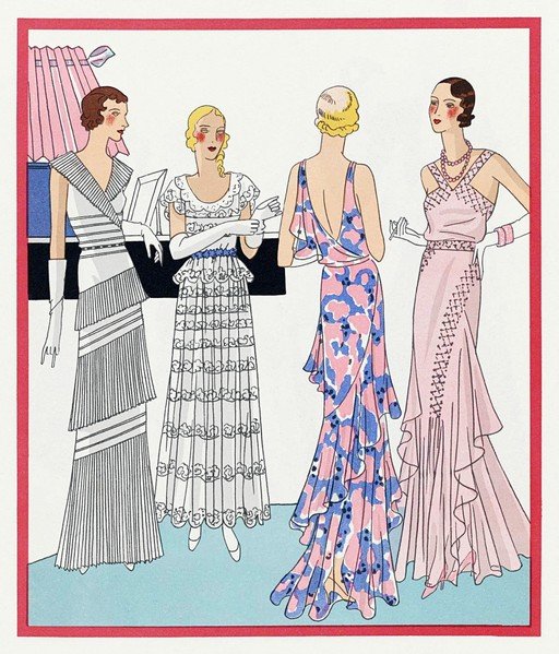 Art Deco Fashion Illustration of Four Women in Evening Gowns