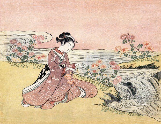 Woman in Kimono by Waterfall with Chrysanthemums