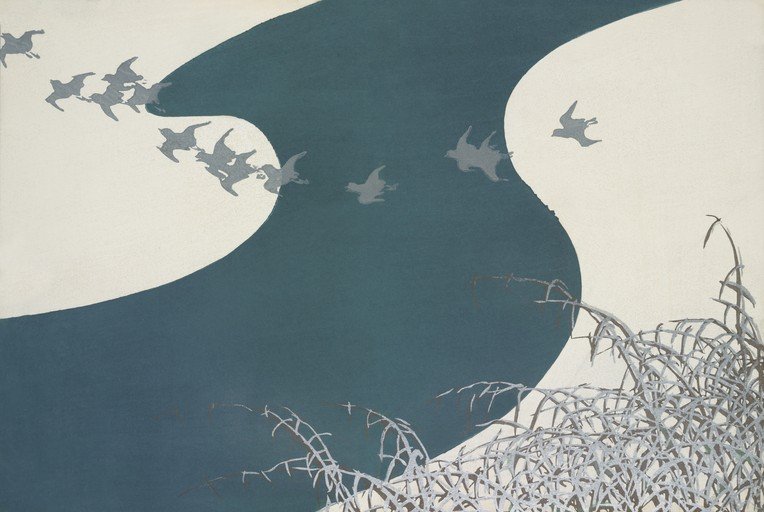 Flock of Birds in Flight Over Water