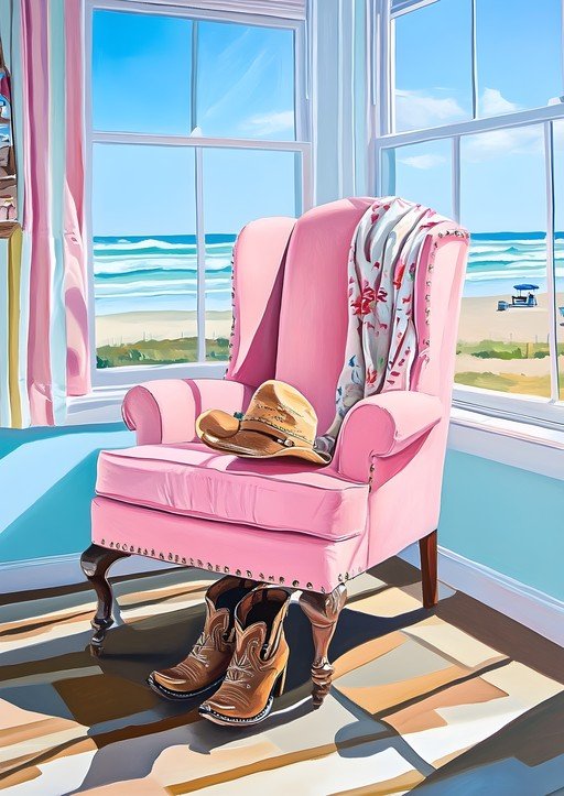 Pink Armchair with Cowboy Boots and Hat by the Beach