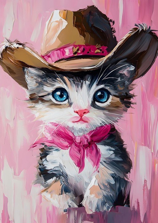 Adorable Kitten in Cowboy Hat and Pink Scarf