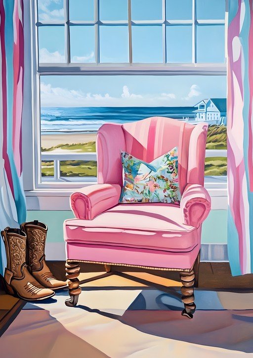 Pink Armchair with Ocean View and Cowboy Boots