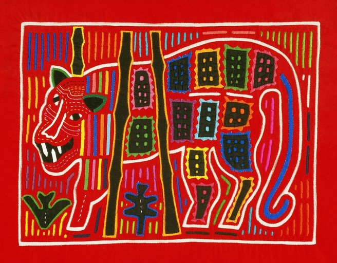 Mola Art: Vibrant Red Tiger with Geometric Patterns