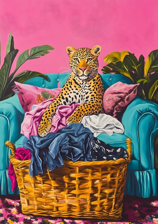 Leopard Lounging Amidst Laundry