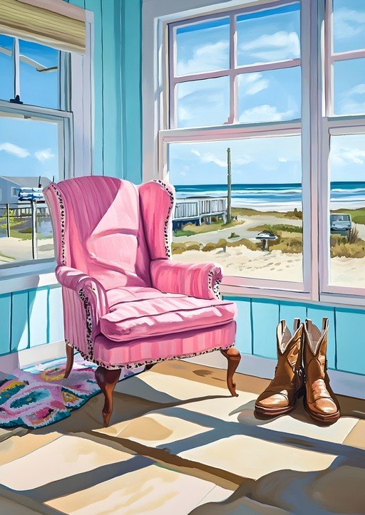 Pink Armchair and Cowboy Boots by the Beach