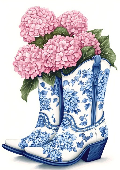 Cowboy Boots with Pink Hydrangeas in Blue and White Porcelain Style