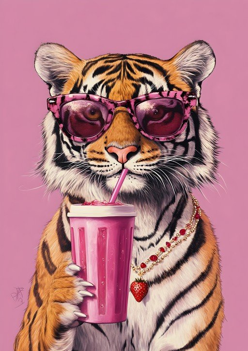 Cool Tiger Sipping a Pink Drink with Strawberry Necklace