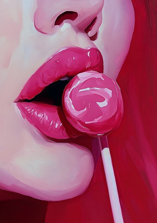 Close-up of Lips with Pink Lollipop