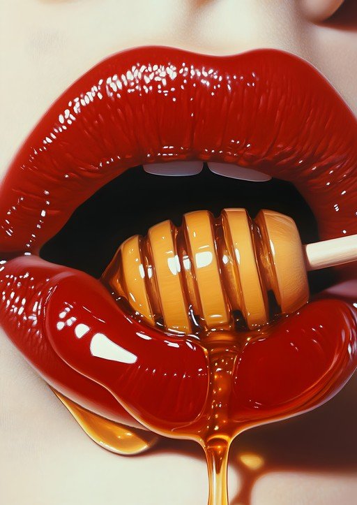 Sensual Red Lips Dripping with Golden Honey