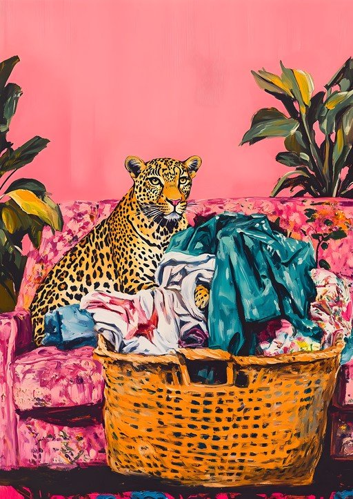 Leopard Lounging Amidst Laundry