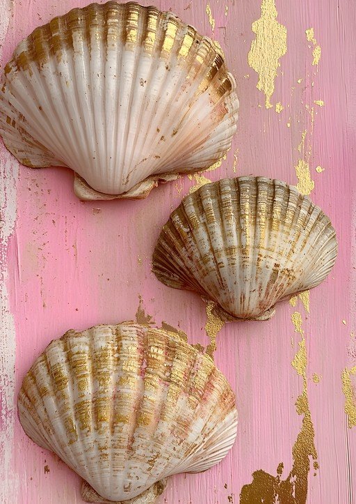 Scallop Shells with Gold Accents on Pink Background