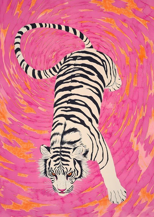 Vibrant Tiger Art with Swirling Pink Background