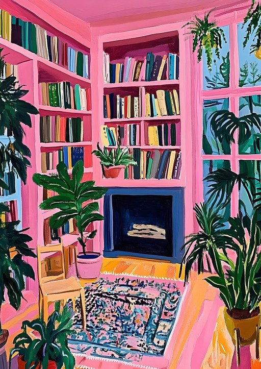 Vibrant Pink Library with Lush Greenery and Cozy Rug
