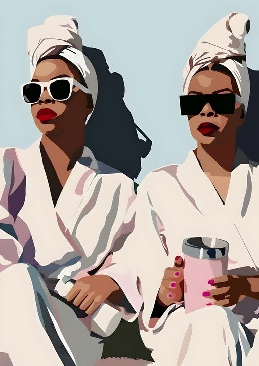 Two women in robes and sunglasses enjoying a sunny day