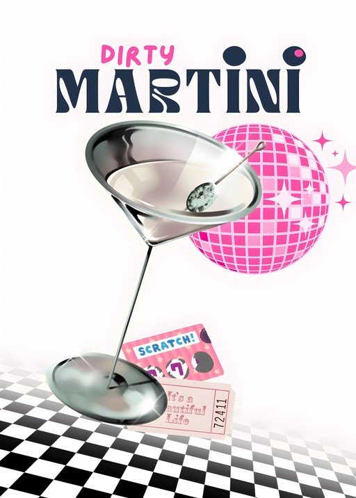 Dirty Martini Cocktail with Disco Ball and Scratch Tickets