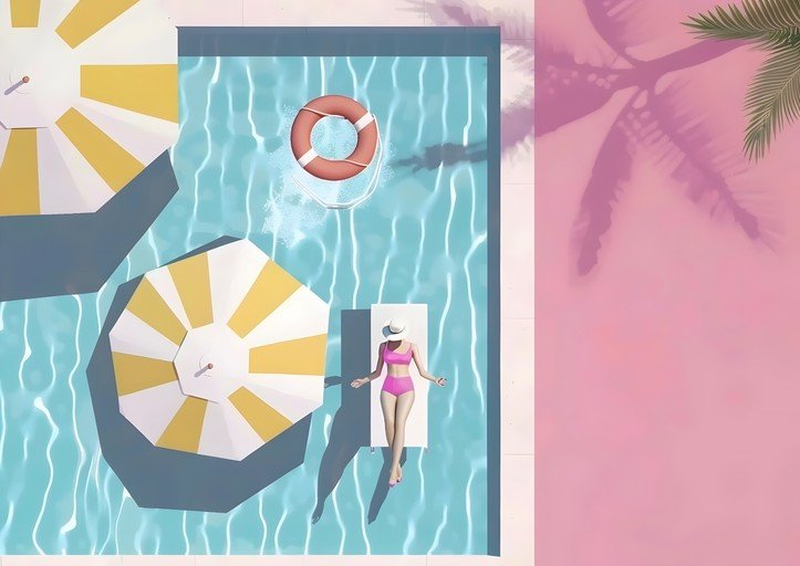 Woman Relaxing by Poolside with Palm Tree Shadows