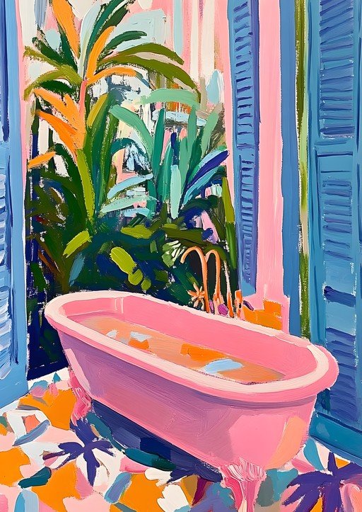 Vibrant Pink Bathtub with Tropical Plants