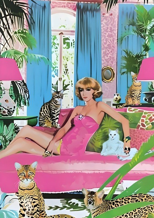 Glamorous Woman and Cats in a Tropical Pink Oasis