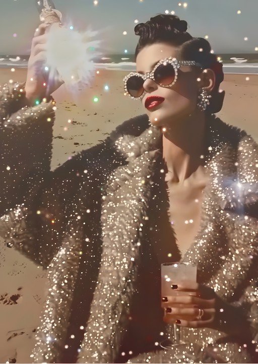Glamorous Woman on Beach with Champagne and Sparkles