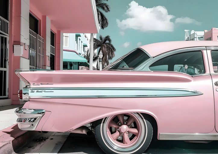 Retro Pink Classic Car on Miami Beach Street