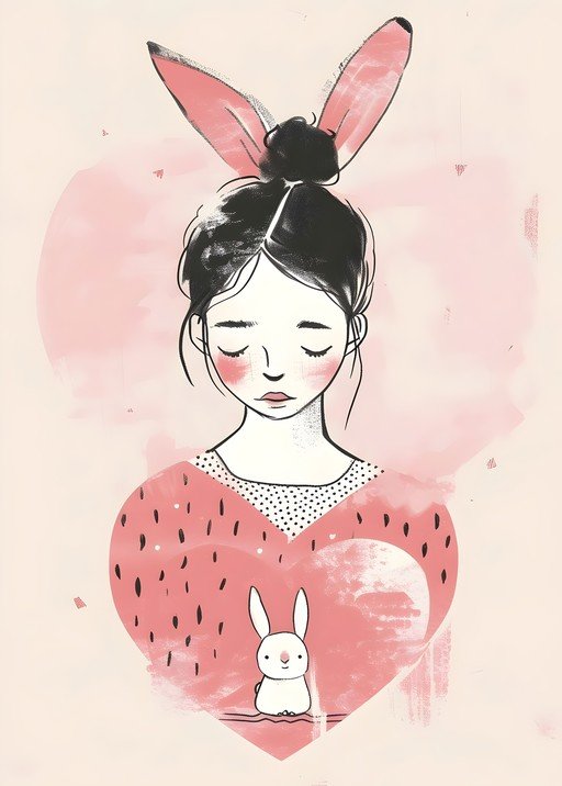 Girl with Bunny Ears and Rabbit Illustration