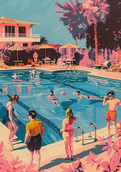 Retro Poolside Scene with People Enjoying Summer