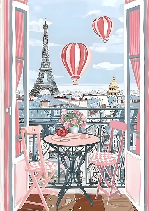 Parisian Balcony View with Eiffel Tower and Hot Air Balloons