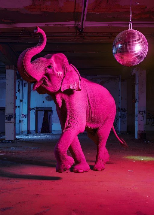 Pink Elephant Dancing Under Disco Ball in Abandoned Warehouse