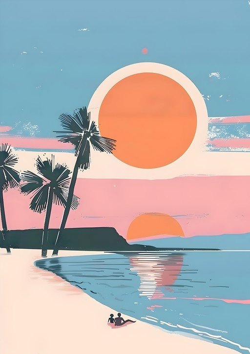 Retro Sunset Beach Scene with Palm Trees
