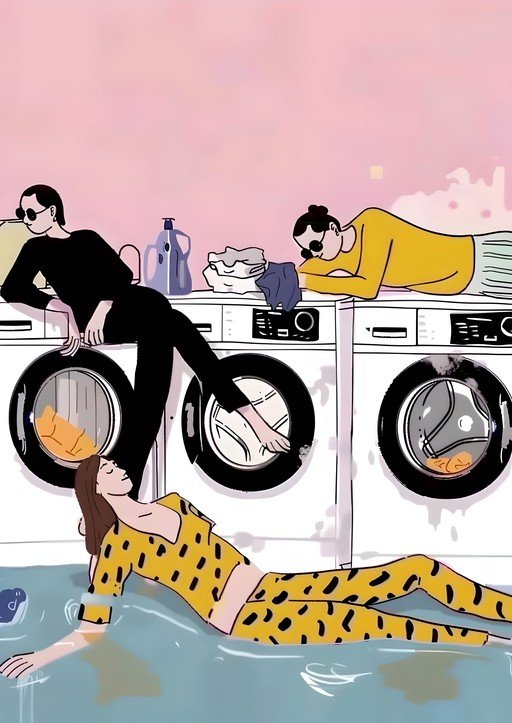 People lounging by washing machines in a laundry room