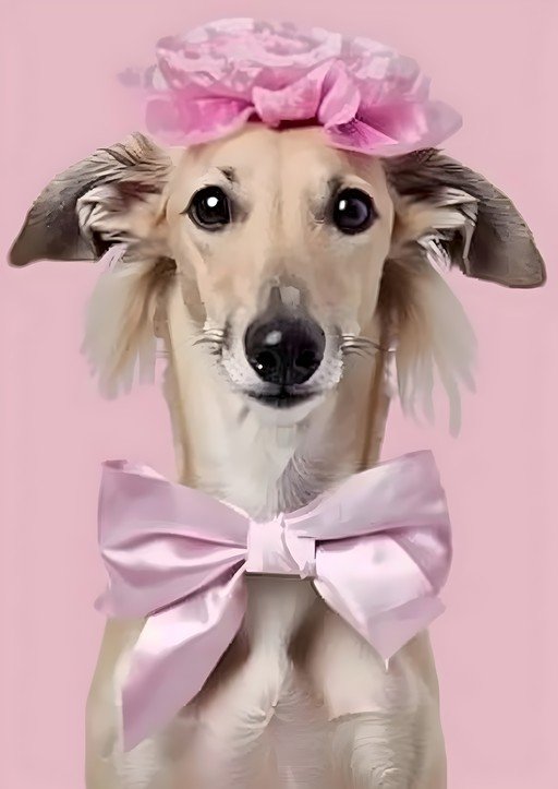 Elegant Dog in Pink Bow and Flower Hat