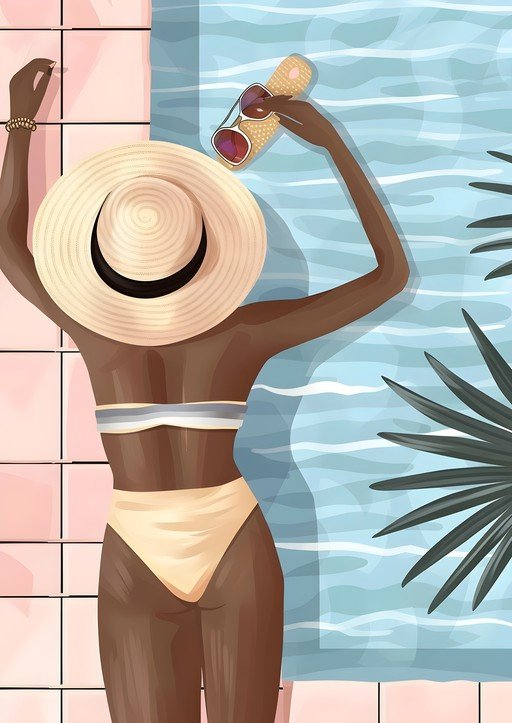 Woman Relaxing by Pool with Sunglasses and Hat