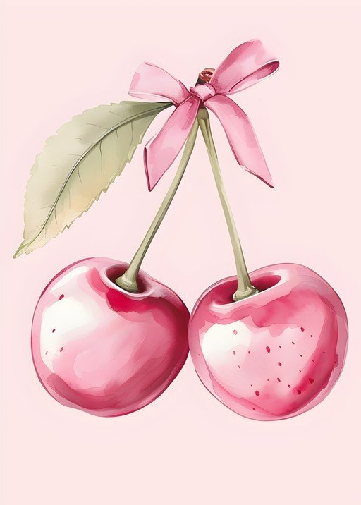 Pink Cherries with Bow and Leaf Watercolor Art