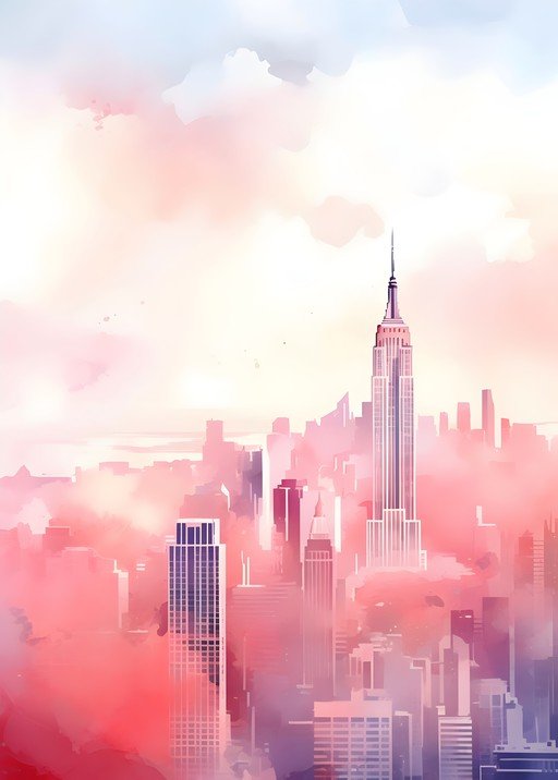 Watercolor New York City Skyline at Sunrise