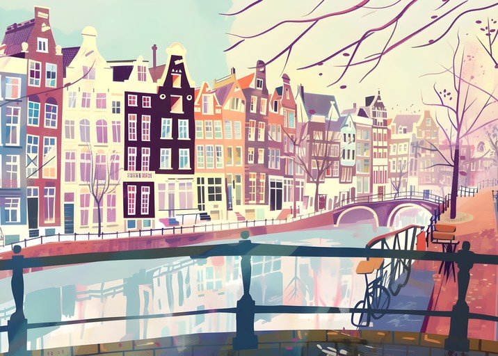 Amsterdam Canal Scene with Colorful Buildings and Bridge