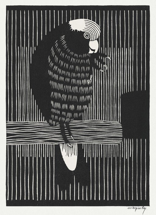 Black and White Woodcut of a Parrot on a Perch