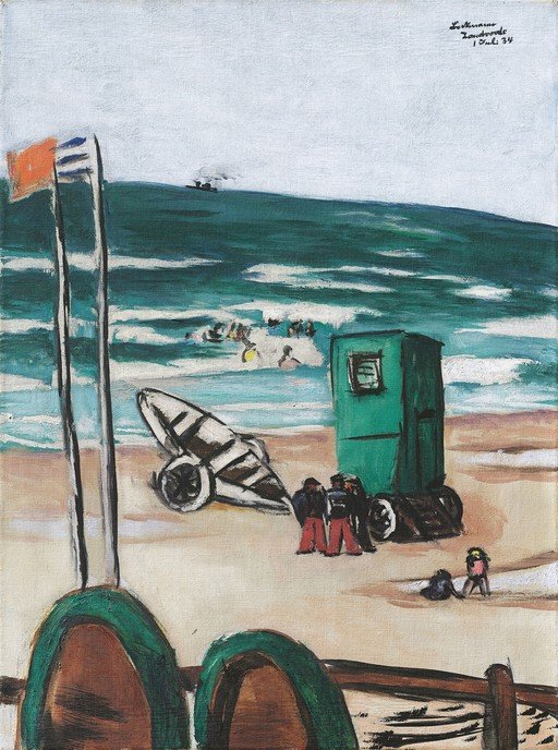 Beach Scene with Figures and Surfboard