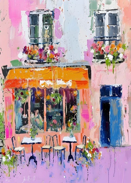 Impressionist Cafe Scene with Flowers