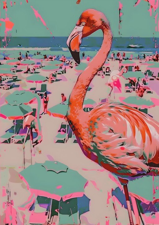Vibrant Flamingo on a Pop Art Beach Scene